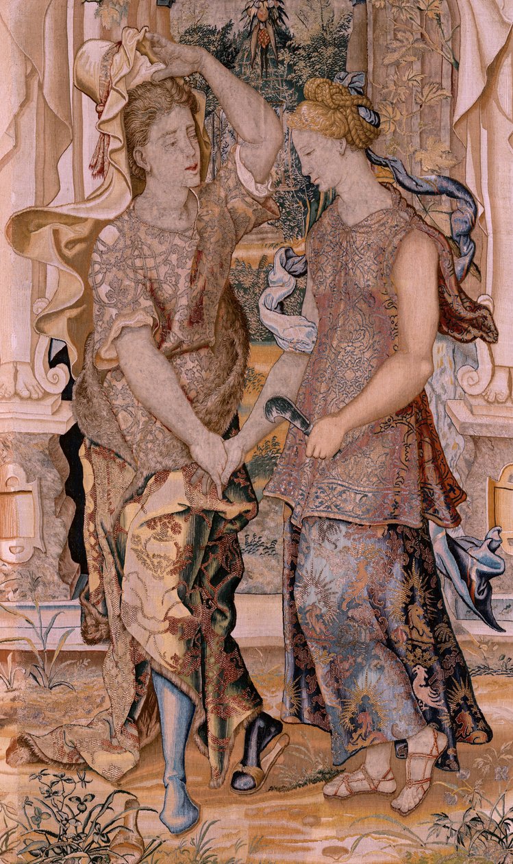 flamsk billedvev. Serien Vertumnus og Pomona. Vertumnus avslører sin identitet til Pomona (Vertumno se descubre ante Pomona). Åttende billedvev i serien. Modellsirkel av Pieter Coecke van Aelst. Produksjon Wilhelm Pannemaker, Brussel. Ca 1545-1550. Fabr av Pieter (circle of) Coecke van Aelst