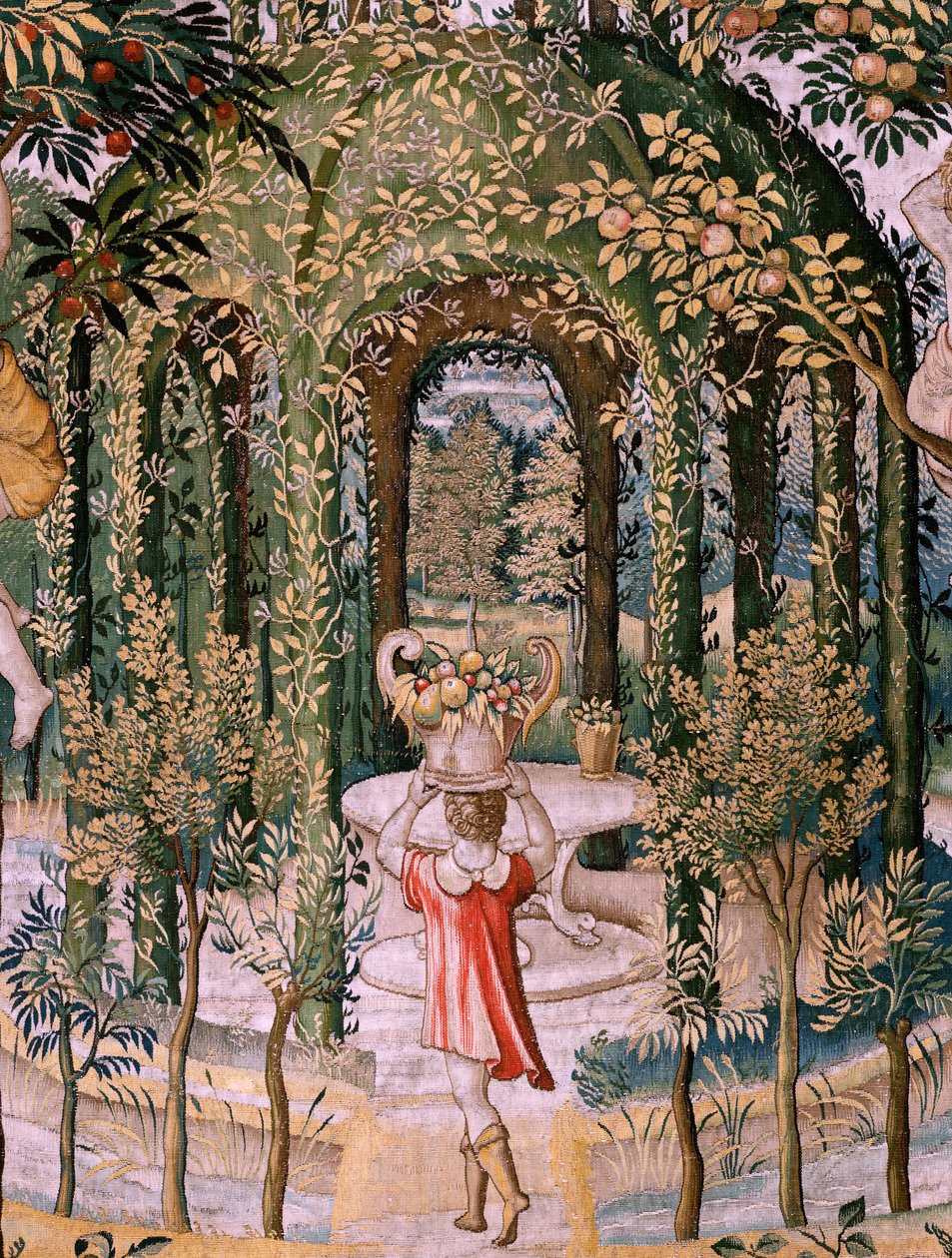 flamsk billedvev. Serier Vertumnus og Pomona; Vertumnus forvandlet til en gartner (Vertumno transformado en jardinero). Femte billedvev i serien. Model Circle av Pieter Coecke Van Aelst og Léonard Thiry. Produksjon Ukjent verksted, Brussel, før av Pieter (circle of) Coecke van Aelst