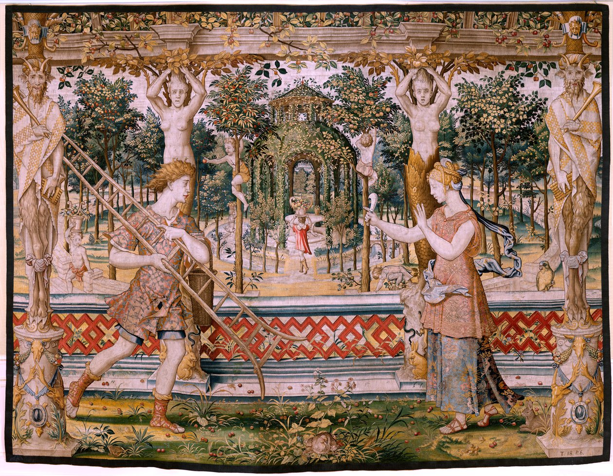 flamsk billedvev. Serier Vertumnus og Pomona; Vertumnus forvandlet til en gartner (Vertumno transformado en jardinero). Femte billedvev i serien. Model Circle av Pieter Coecke Van Aelst og Léonard Thiry. Produksjon Ukjent verksted, Brussel, før av Pieter (circle of) Coecke van Aelst