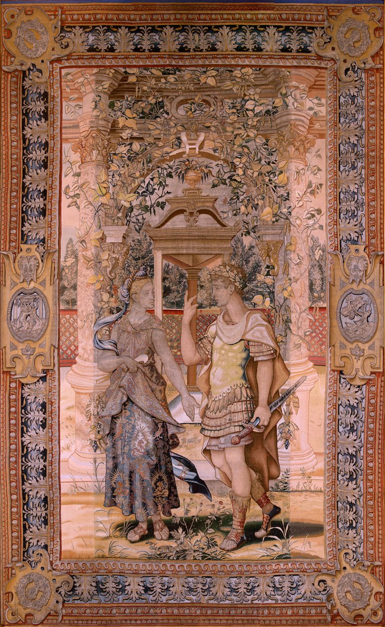 flamsk billedvev. Serien Vertumnus og Pomona. Vertumnus forvandlet til en kriger. Fjerde billedvev i serien. Modellsirkel av Pieter Coecke van Aelst. Produksjon Wilhelm Pannemaker, Brussel. Ca1545-1550. Stoff Gull, sølv, silke og ull. Størrelse 425 av Pieter (circle of) Coecke van Aelst
