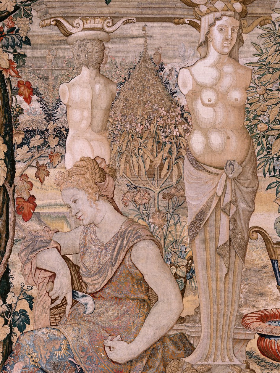 flamsk billedvev. Serien Vertumnus og Pomona. Vertumnus forvandlet til en gammel kvinne. Vertumnus forvandlet til en gammel kvinne. Sjette billedvev i serien. Modellsirkel av Pieter Coecke van Aelst. Produksjon Wilhelm Pannemaker, Brussel. Ca 1545-1550. av Pieter (circle of) Coecke van Aelst