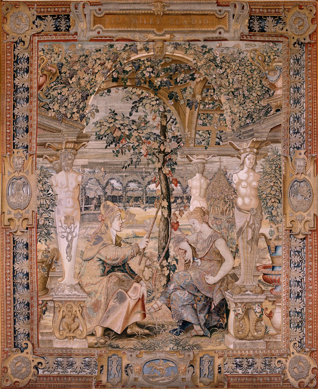 flamsk billedvev. Serien Vertumnus og Pomona. Vertumnus forvandlet til en gammel kvinne. Vertumnus forvandlet til en gammel kvinne. Sjette billedvev i serien. Modellsirkel av Pieter Coecke van Aelst. Produksjon Wilhelm Pannemaker, Brussel. Ca1545-1550. F av Pieter (circle of) Coecke van Aelst