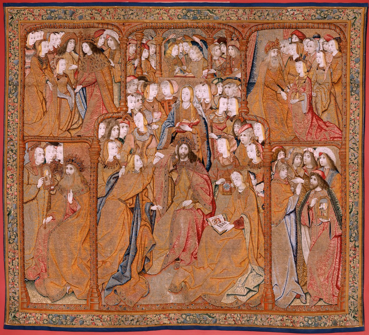 flamsk billedvev. Serien Triumphs of the Mother eller Paños de Oro. Kunngjøring (La Anunciación). Andre billedvev i serien. Modell Colin de Cooter (?). Produksjon Pieter van Aelst (eller van Edingen), Brussel. Ca 1500-1502. Stoff Gull, sølv, silke og wo av Pieter (studio of) Coecke van Aelst