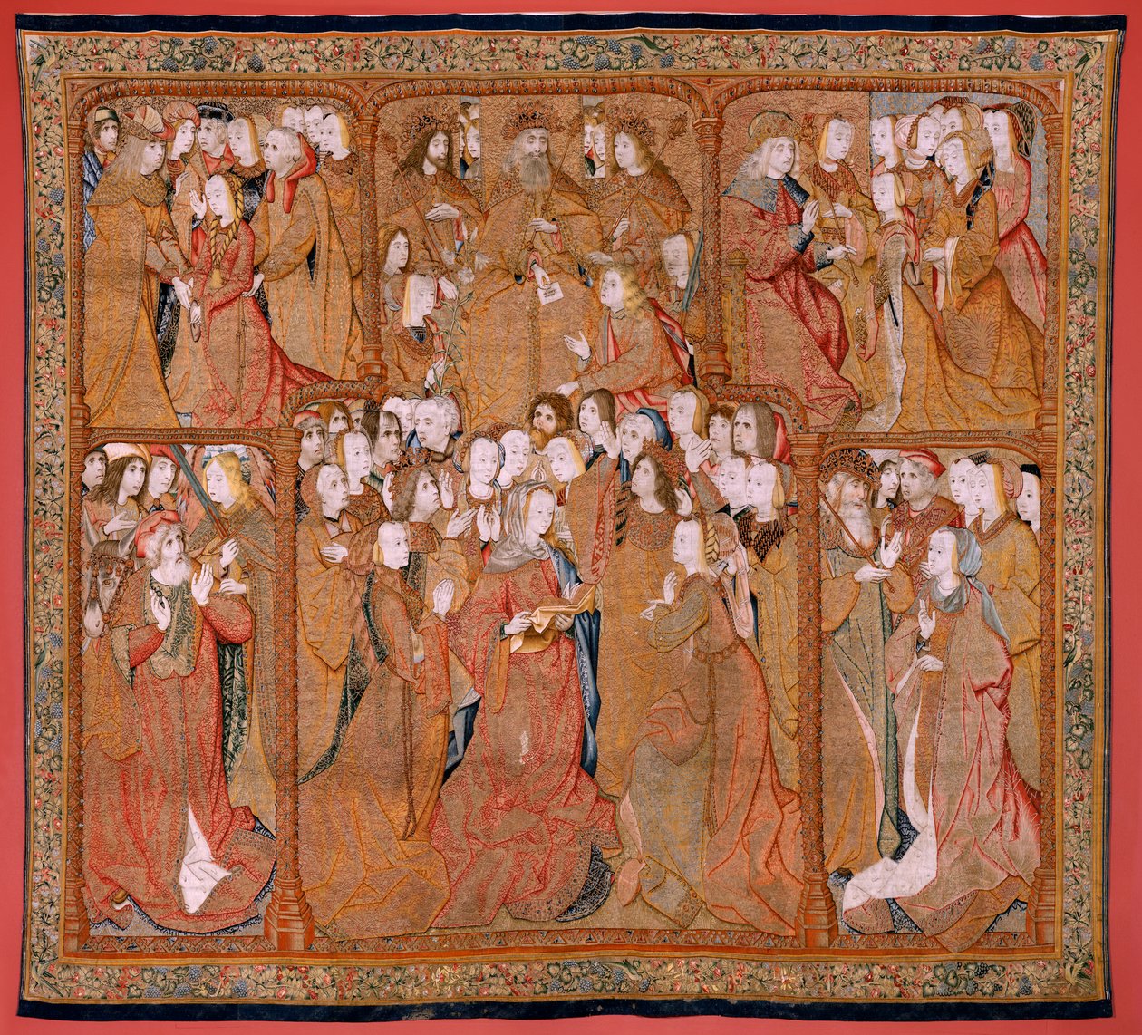 flamsk billedvev. Serien Triumphs of the Mother eller Paños de Oro. Gud sendte erkeengelen Gabriel (Dios envía al Arcángel Gabriel). Første billedvev i serien. Modell Colin de Cooter(?). Produksjon Pieter van Aelst (eller van Edingen), Brussel. Ca1500-1502 av Pieter (studio of) Coecke van Aelst