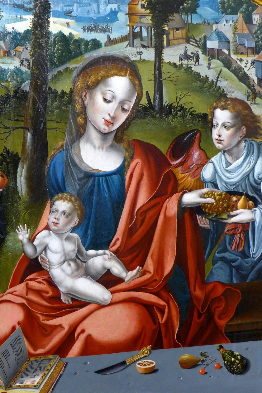 Maria, Jesusbarnet og en engel. Detalj av triptyken til den hellige familie av Pieter (studio of) Coecke van Aelst