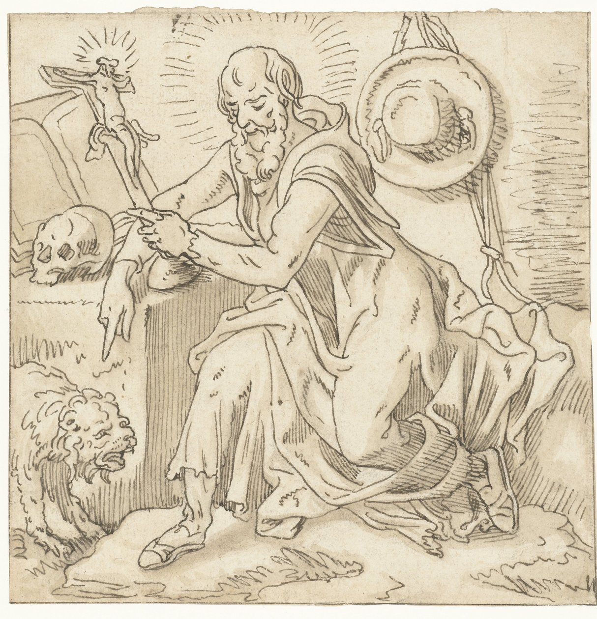 Saint Hieronymus sitter ved et krusifiks, bok og hodeskalle av Pieter Aertsen (workshop of)