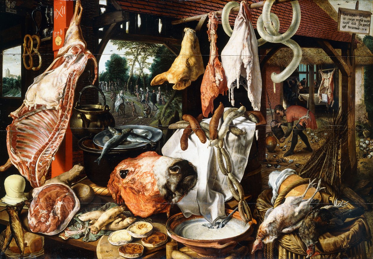 En slakterbod med den hellige familie på flukt til Egypt, 1551 av Pieter Aertsen