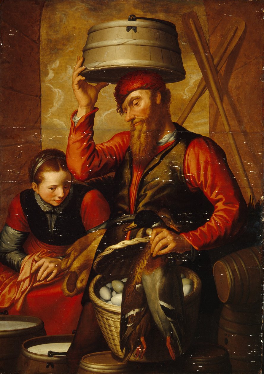 Fjærkreselgeren (selger av fugl). Et par bønder i tradisjonell drakt forbereder kurvene sine med egg og varer for markedet. Maleri av Pieter Aertsen (1508-1575), olje på tre av Pieter Aertsen