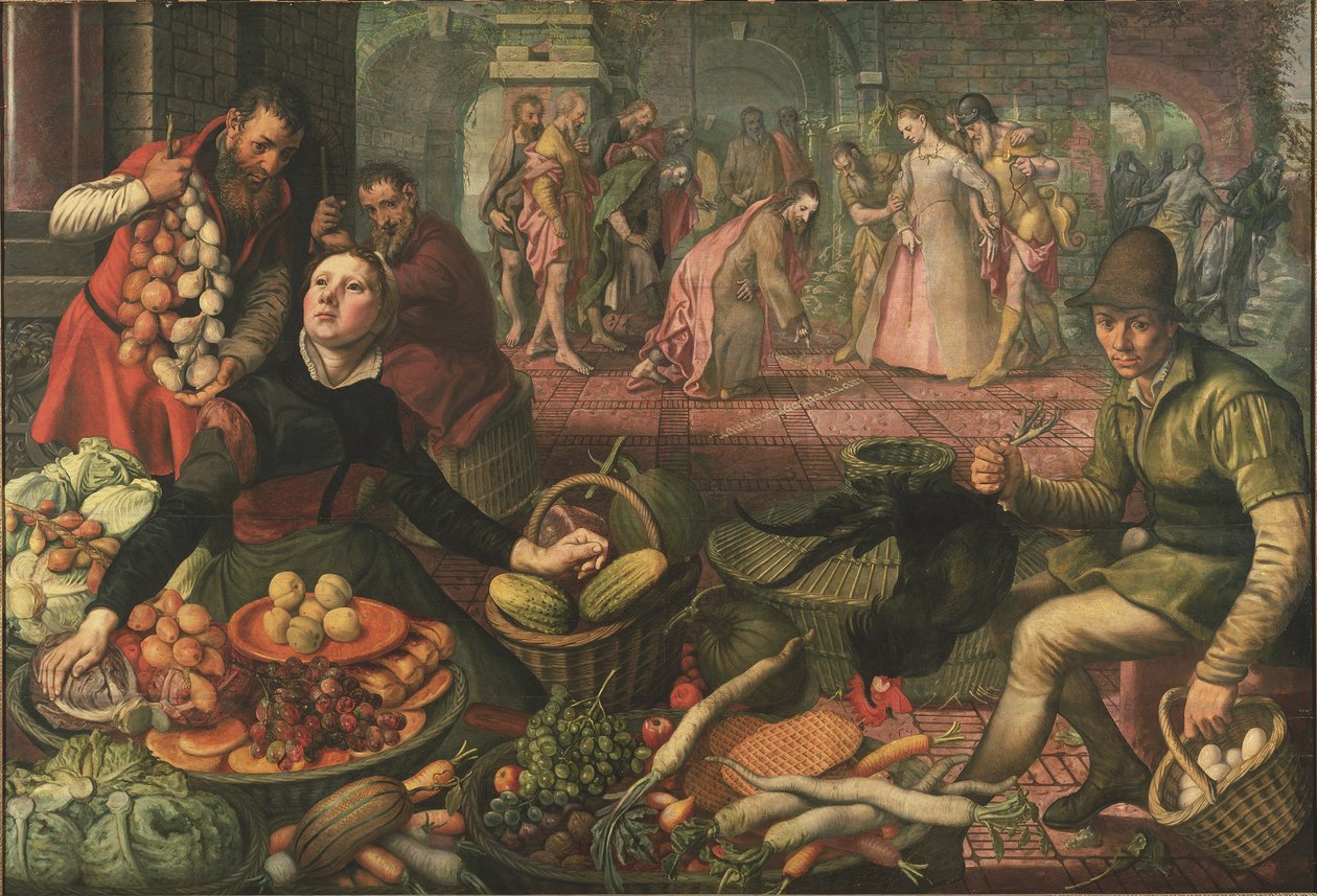 Vandringsscene og Kristus med utroskapen - Kristus og kvinnen tatt i utroskap, av Aertsen, Pieter dit Lange Pier av Pieter Aertsen