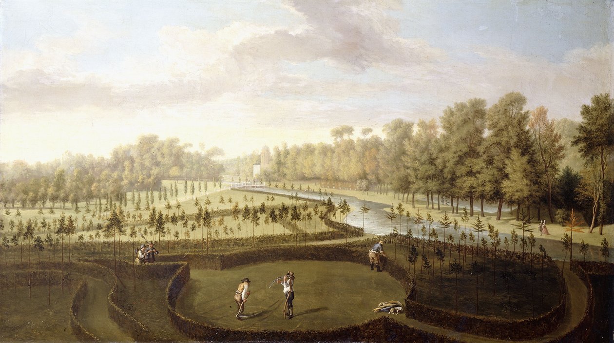 En utsikt over Chiswick Gardens, Richmond, fra den andre siden av New Gardens mot Bagnio, ca. 1729-31 av Pieter Andreas Rysbrack