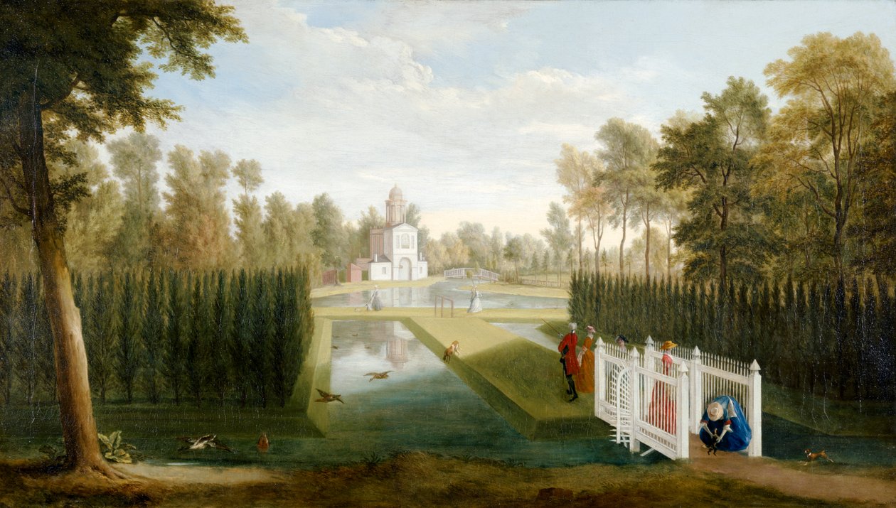 En utsikt over Chiswick Gardens mot baksiden av Bagnio (Cascina) Chiswick House (olje på lerret) av Pieter Andreas Rysbrack