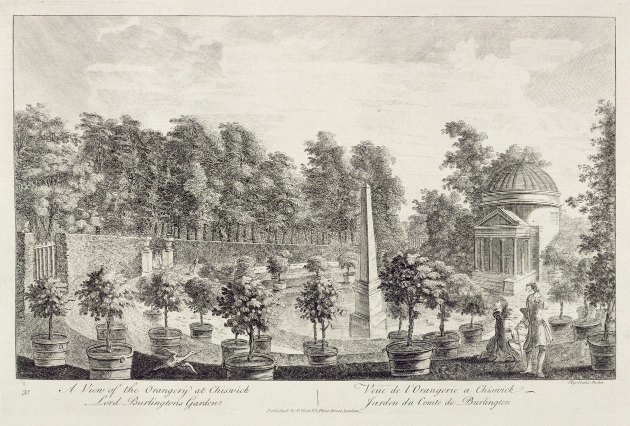 Utsikt over oransjeriet, Lord Burlingtons hage i Chiswick av Pieter Andreas Rysbrack