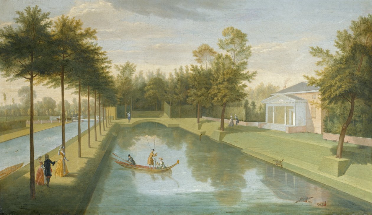 Utsikt over tempelet ved vannet, med bassenget og den lange kanalen, Chiswick Villa (olje på lerret) av Pieter Andreas Rysbrack