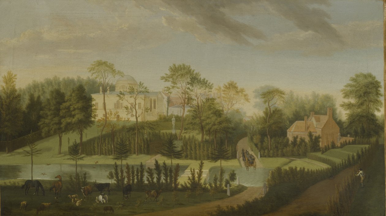 Utsikt over terrassen med utsikt over kanalen til siden av villaen, Chiswick Villa (olje på lerret) av Pieter Andreas Rysbrack