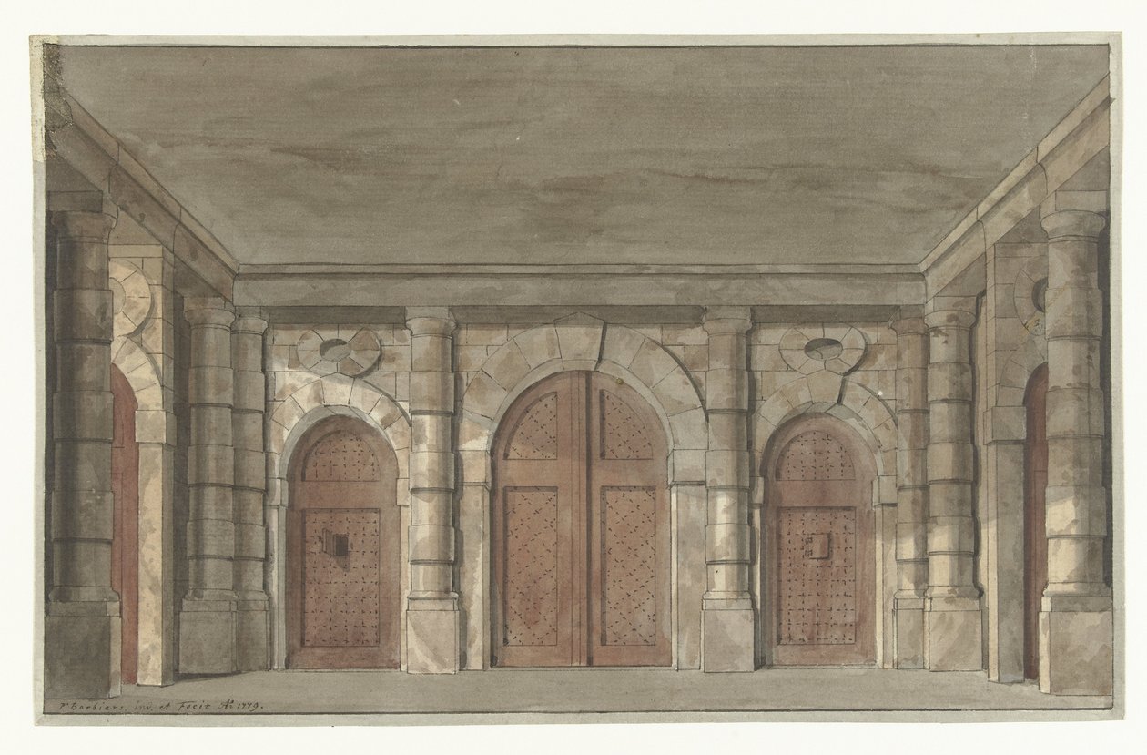 Design for et scenesett for en fengselsveranda (?) av Pieter Barbiers (I)