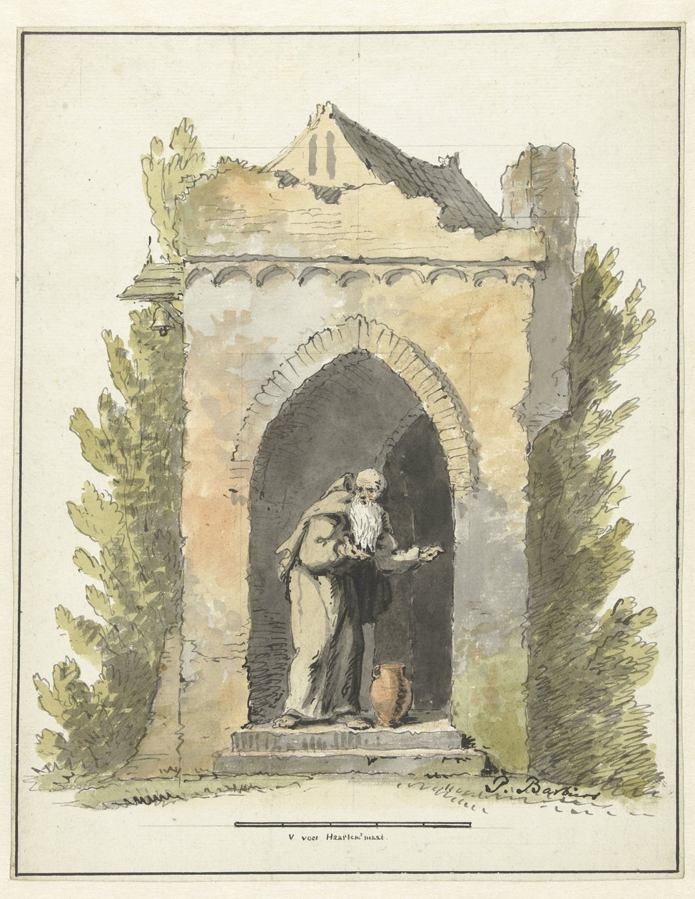 Eremitt foran et steinkapell av Pieter Bartholomeusz. Barbiers
