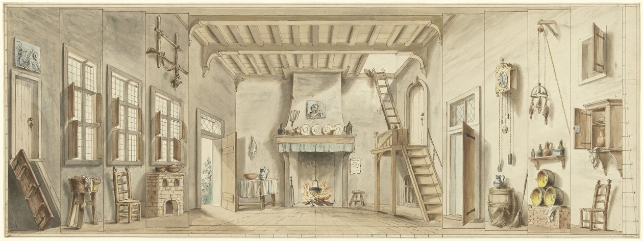 Design for et scenesett for den flamske operaen Het Kapertje av Pieter Bartholomeusz. Barbiers