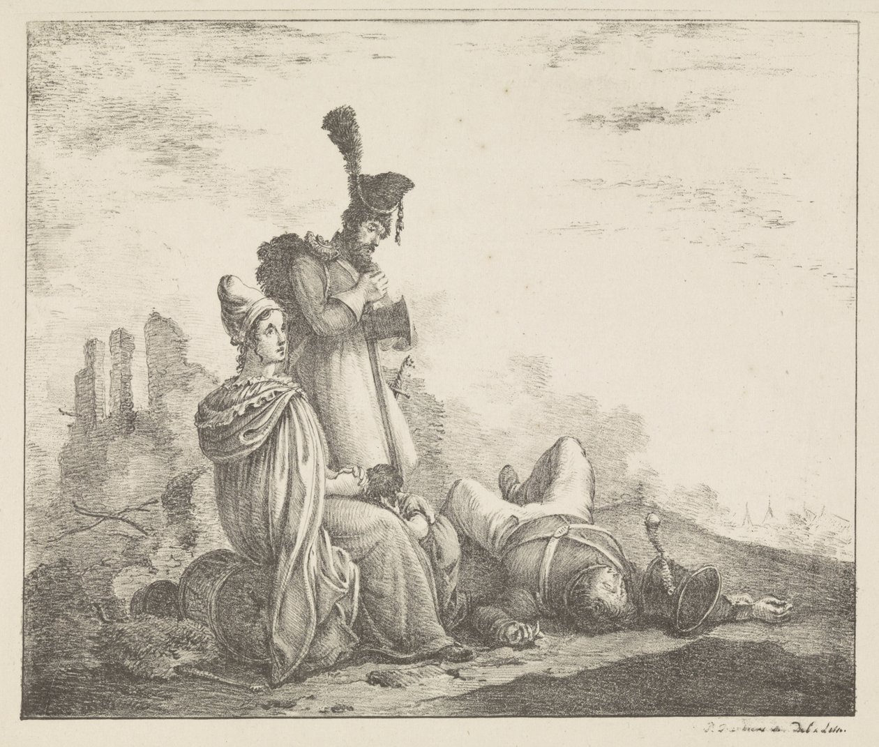 Sørgende selskap med død soldat av Pieter Bartholomeusz. Barbiers