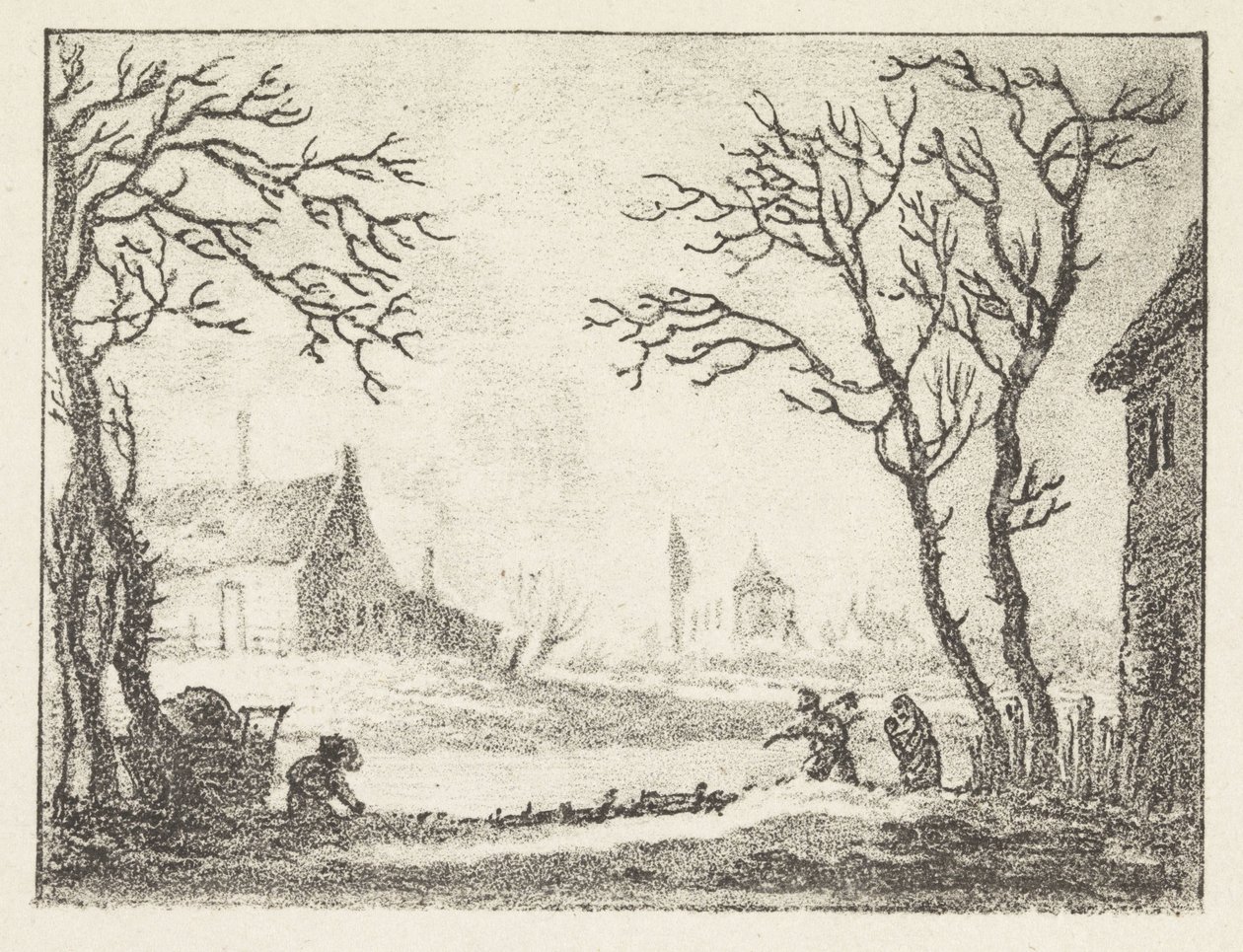 Vinterlandskap med hus og figurer av Pieter Bartholomeusz. Barbiers