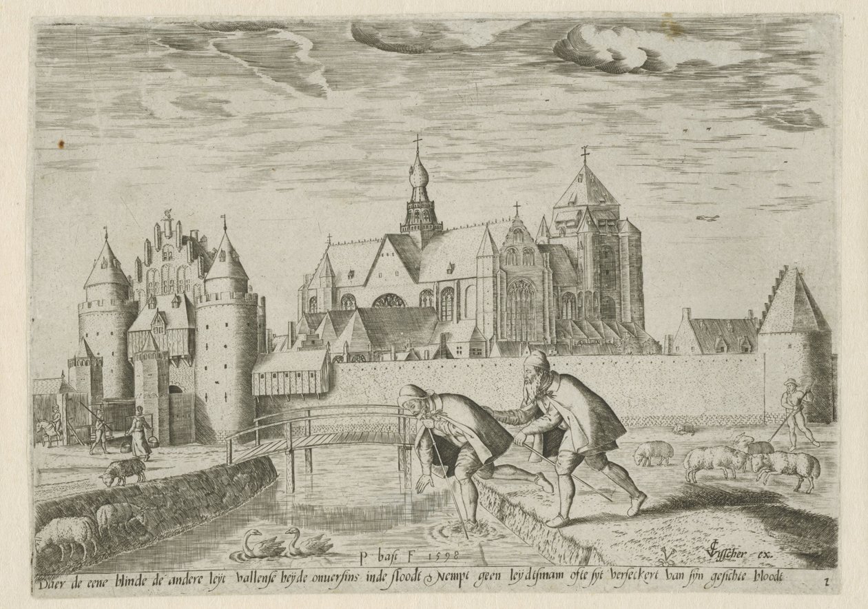 Utsikt over Veere, med ordtaket: en blind person leder en annen Landskap med bibelske scener (serietittel) av Pieter Bast
