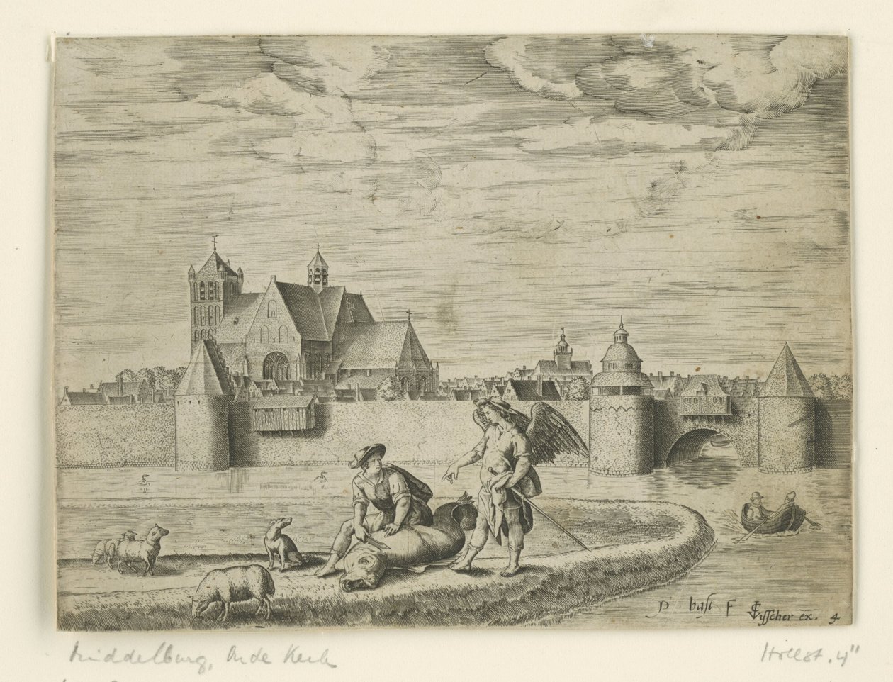Tobias og engelen; i bakgrunnen Oude Kerk i Middelburg Landskap med bibelske scener (serietittel) av Pieter Bast