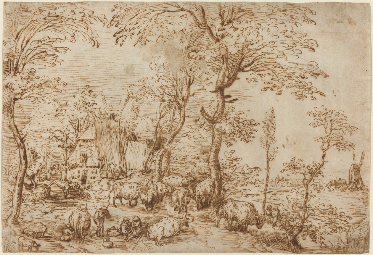 Bønder og storfe i nærheten av et gårdshus av Pieter Bruegel the Elder