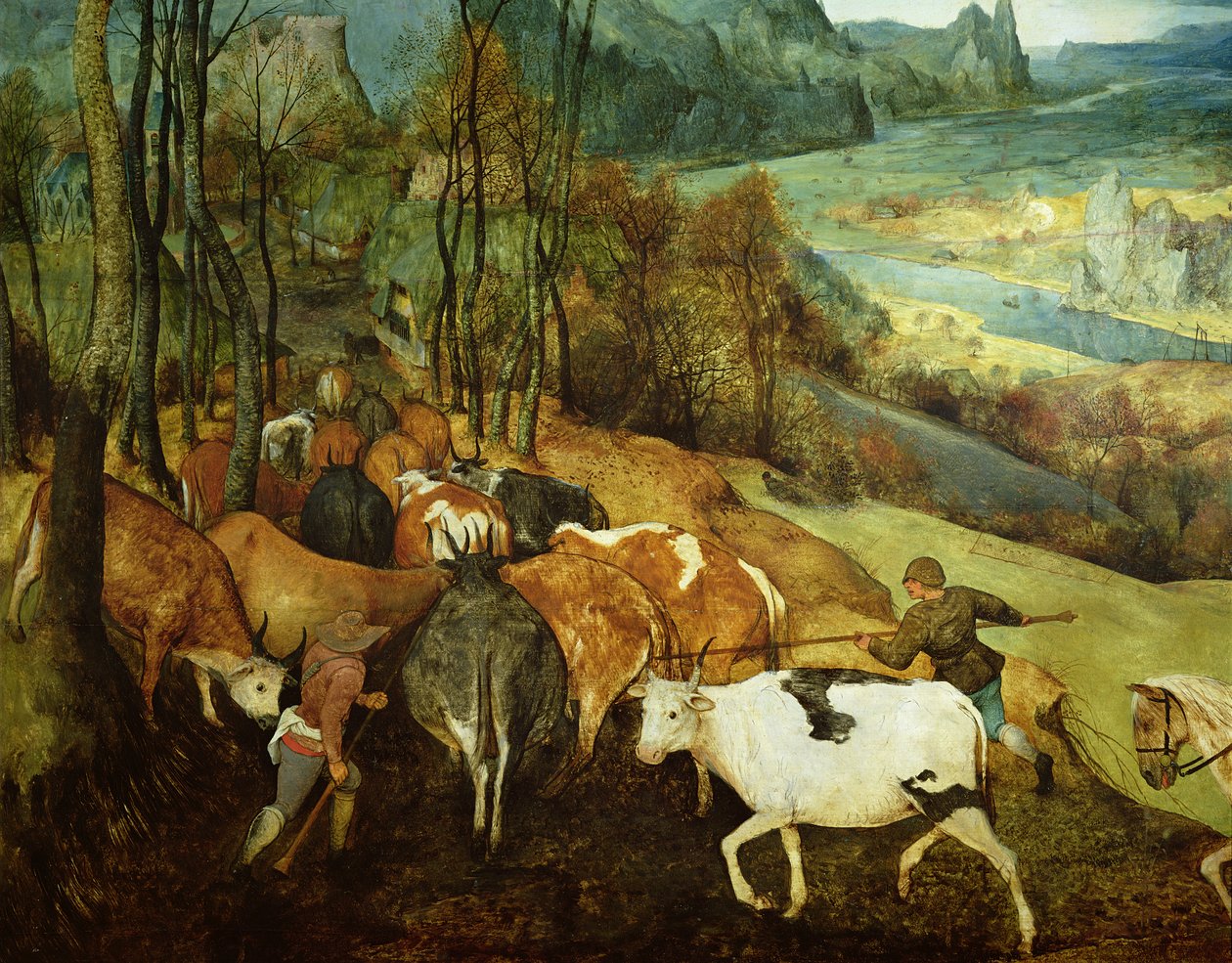 The Return of the Herd Autumn 1565 olje på paneldetalj av 186444 og 556 av Pieter Bruegel the Elder