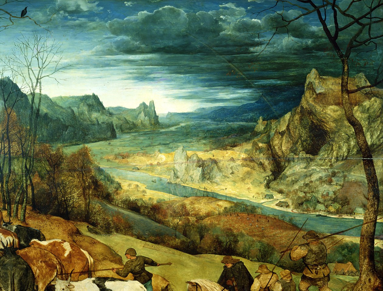 The Return of the Herd Autumn, 1565 olje på paneldetalj av 556 av Pieter Bruegel the Elder