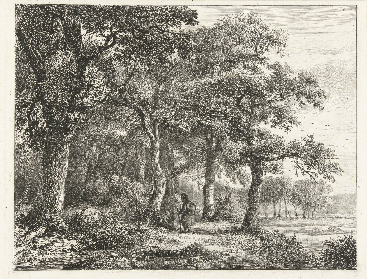 Skoglandskap med mann med ryggsekk av Pieter Casper Christ