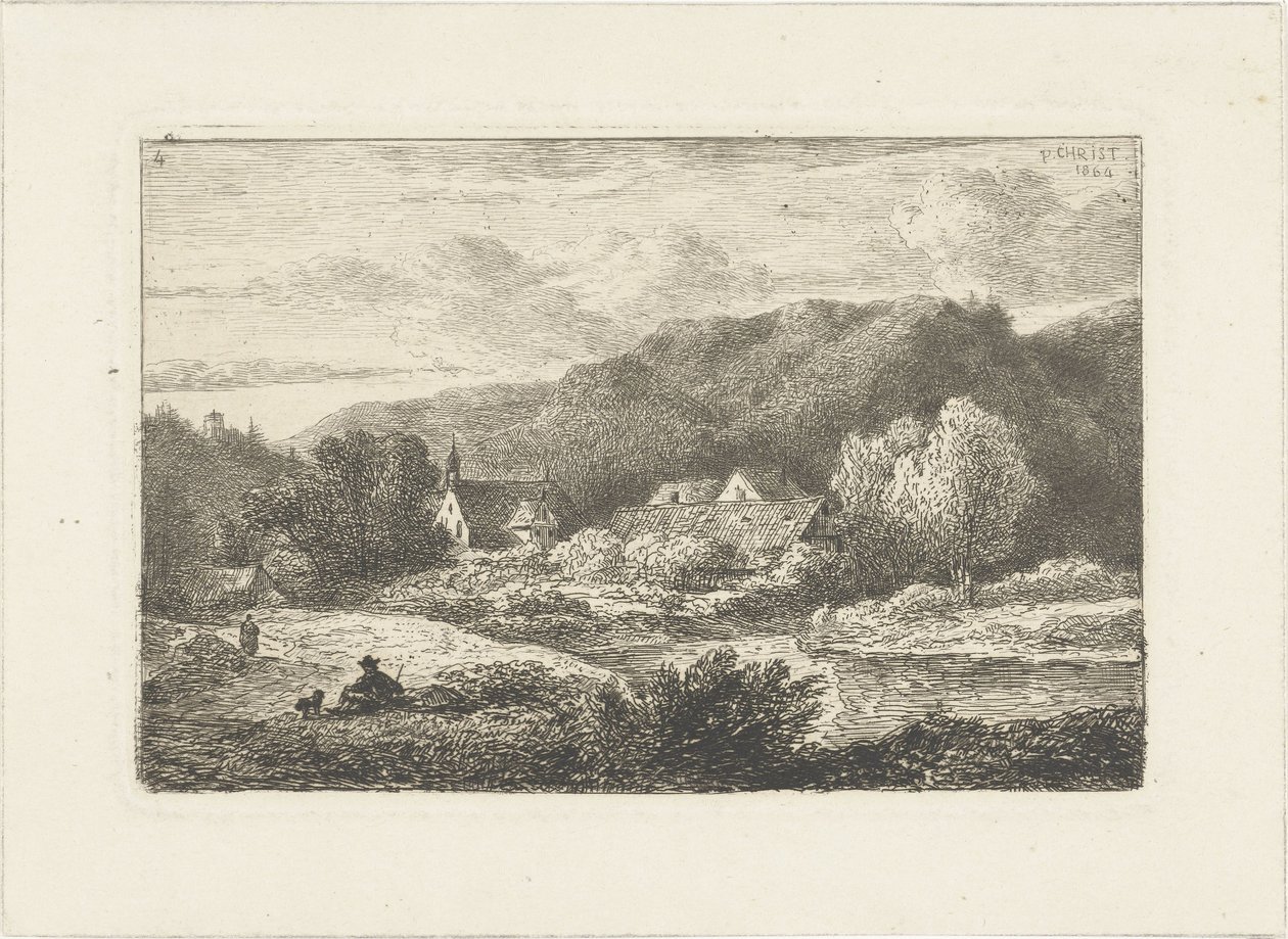 Kupert landskap med kirke og hus Vannlandskap (serietittel) av Pieter Casper Christ