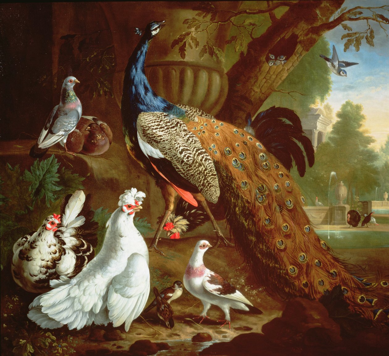 En påfugl i et klassisk landskap, 1719 av Pieter Casteels