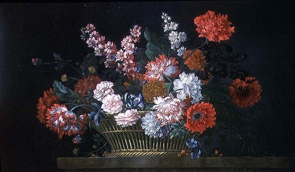 Et stilleben av nelliker, aksjer, peoner, konvolvulus og andre blomster i en kurv som hviler på en steinhylle av Pieter Casteels