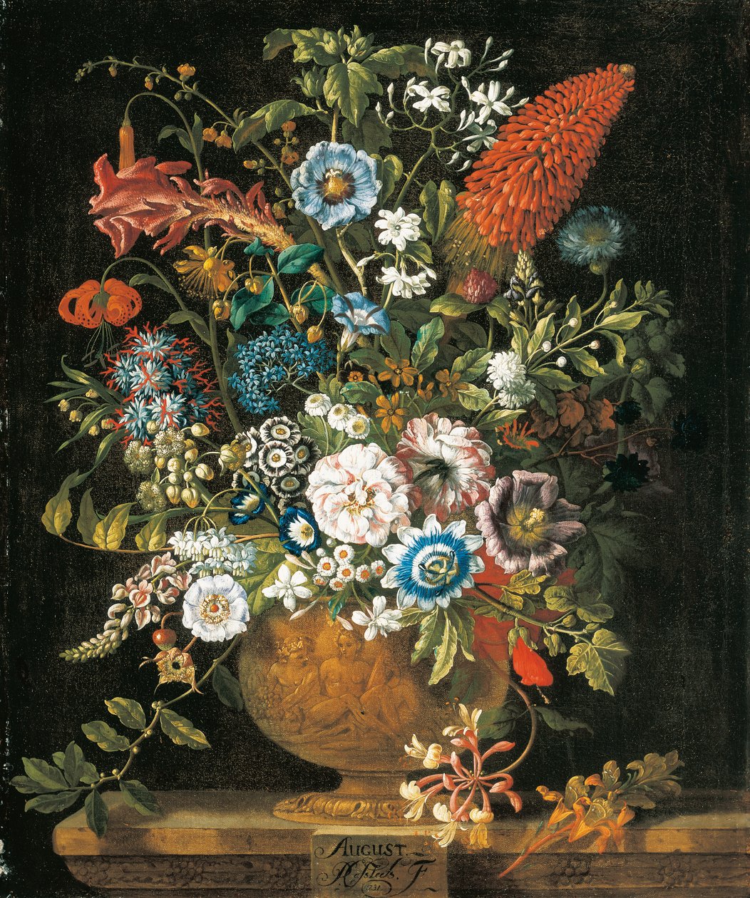 august, fra The Twelve Months of Flowers, en blomsterkalender med stilleben av Pieter Casteels
