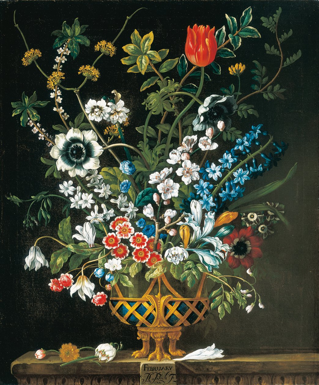 februar, fra The Twelve Months of Flowers, en blomsterkalender med stilleben av Pieter Casteels