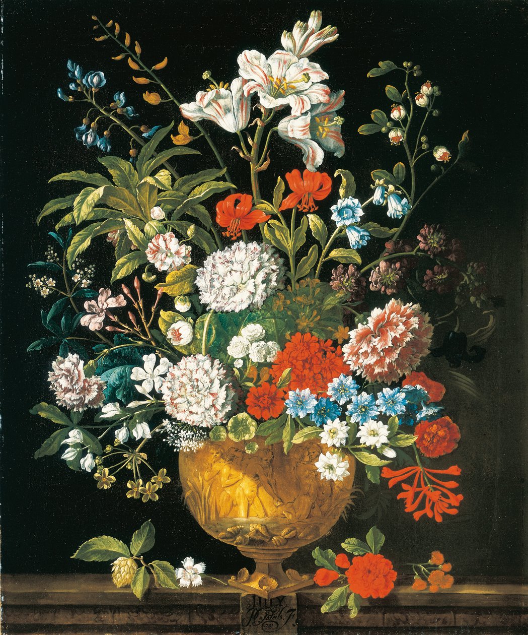 juli, fra The Twelve Months of Flowers, en blomsterkalender med stilleben av Pieter Casteels