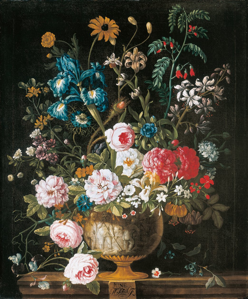 juni, fra The Twelve Months of Flowers, en blomsterkalender med stilleben av Pieter Casteels