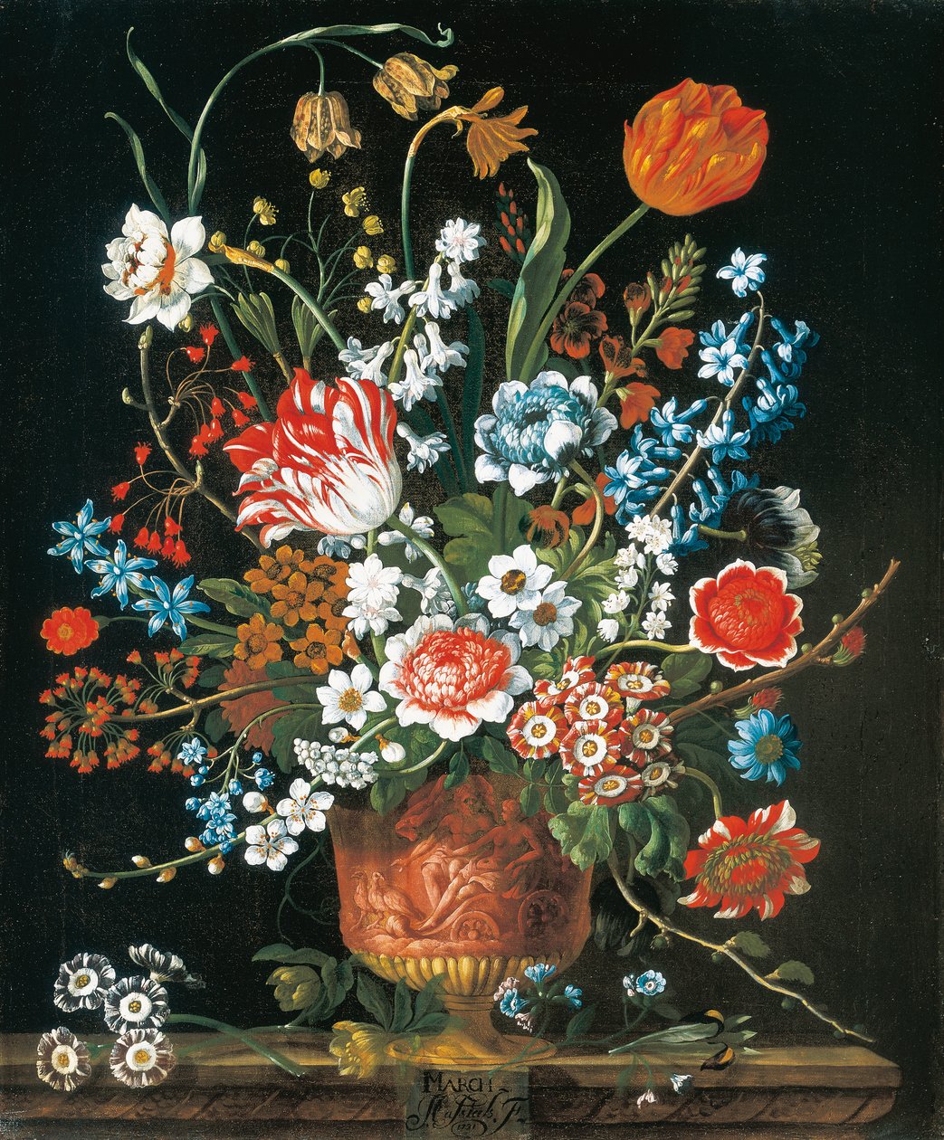 mars, fra The Twelve Months of Flowers, en blomsterkalender med stilleben av Pieter Casteels