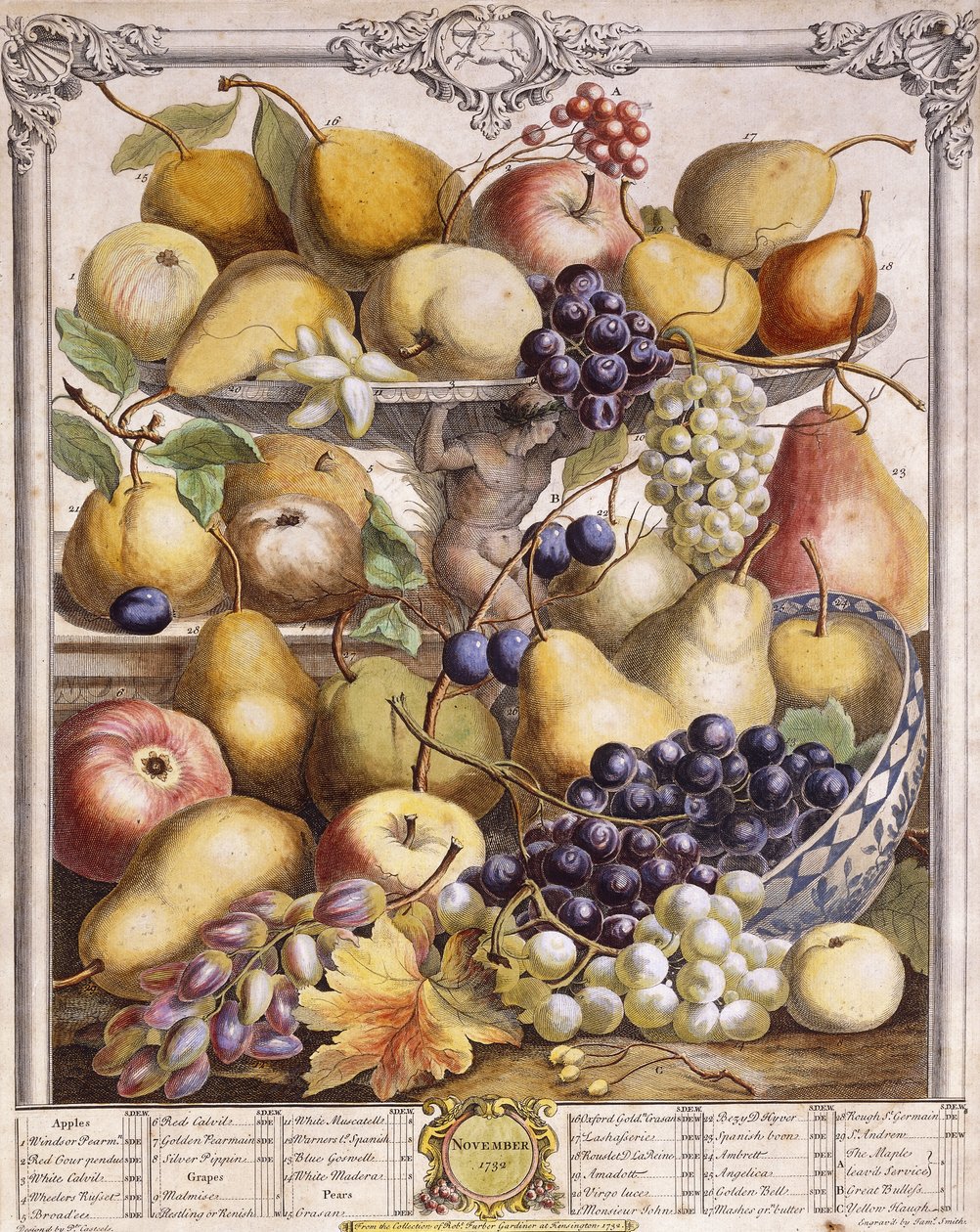 November 1732, viser sesongens epler, pærer, druer etc, 1732 av Pieter Casteels