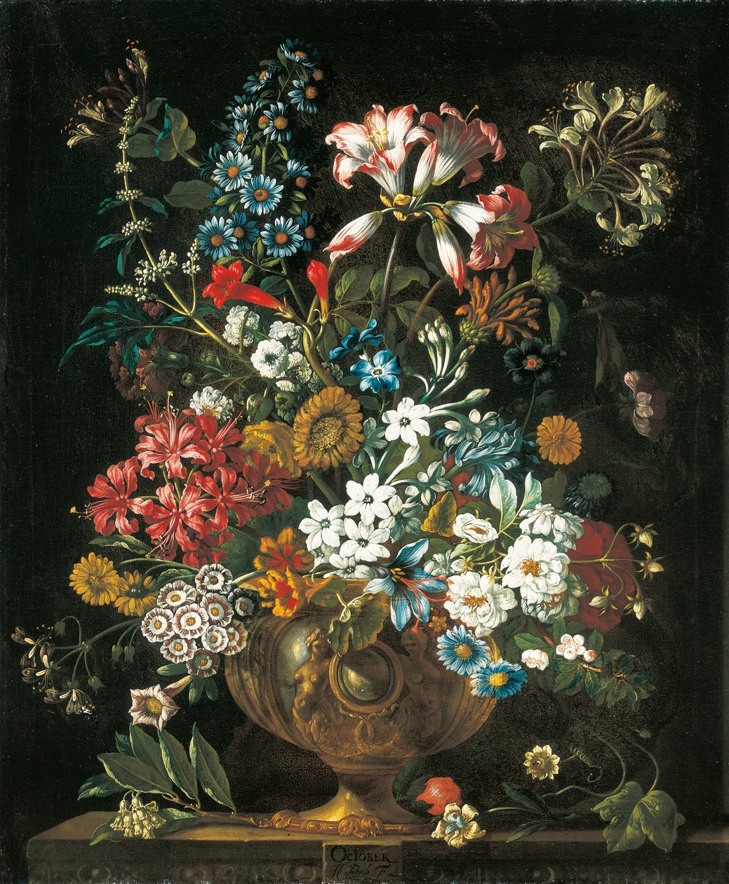 oktober, fra The Twelve Months of Flowers, en blomsterkalender med stilleben av Pieter Casteels