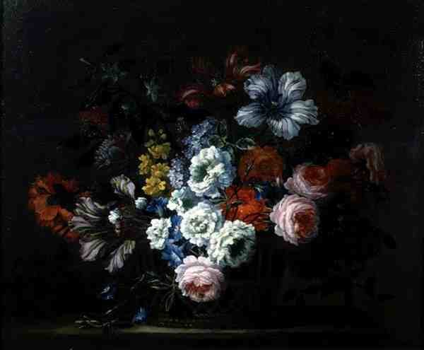 Stilleben av roser, peoner, tulipaner og Morning Glory i en kurv (olje på lerret) av Pieter Casteels
