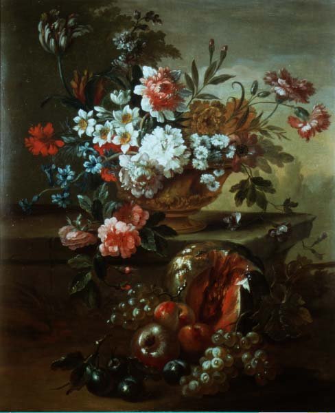Stilleben av blomster i en urne med frukt (par 81023) av Pieter Casteels