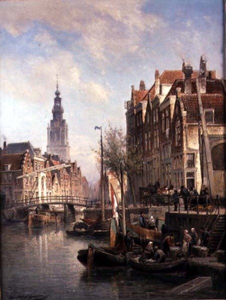 Gatescene på en kanal av Pieter Christiaan Cornelis Dommelshuizen