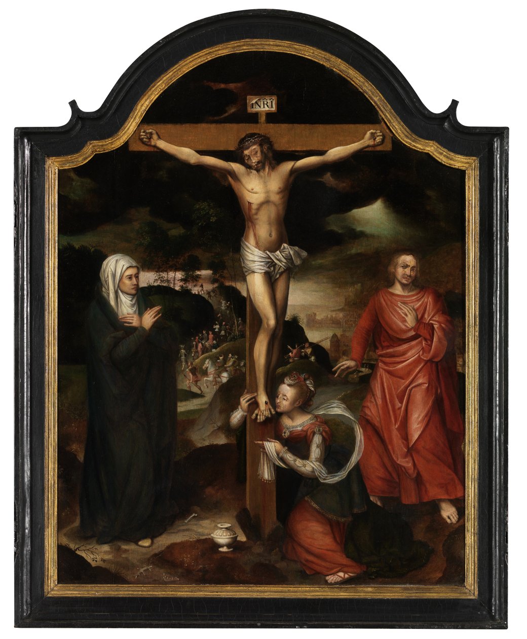Kristus på korset med jomfruen, St. Johannes og Maria Magdalena (olje på panel) av Pieter Claeissens