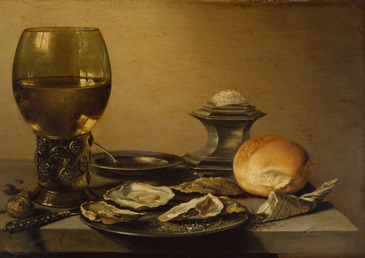 Et frokoststilleben med østers, saltbrød og nøtter (olje) av Pieter Claesz