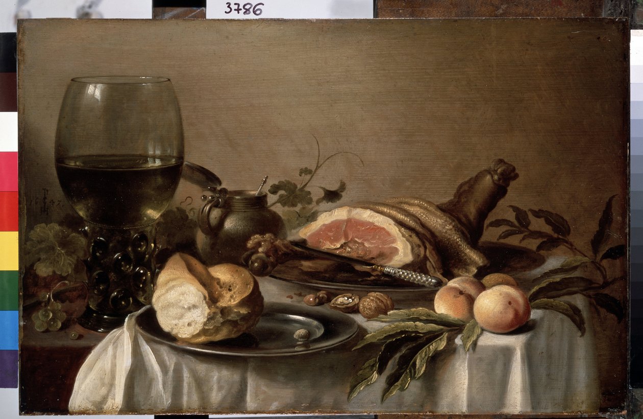""Frokost stilleben med skinke, brød, fersken og nøtter"" (Frokost med skinke) Maleri av Pieter Claesz (ca. 1597-1660) 1647 Dim. 40x61 cm St. petersburg, eremitasjemuseet av Pieter Claesz