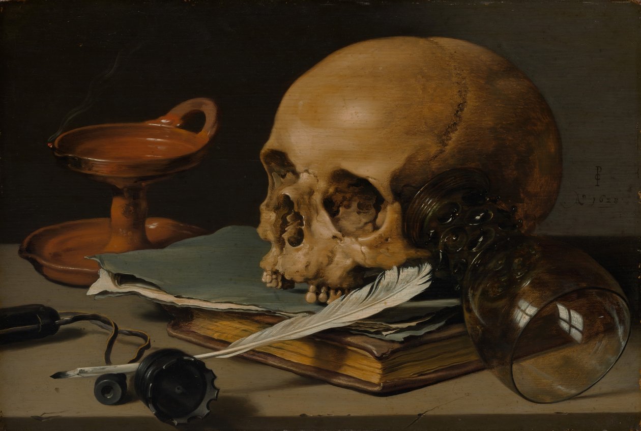 Stilleben med en hodeskalle og en skrivepenn, 1628. av Pieter Claesz