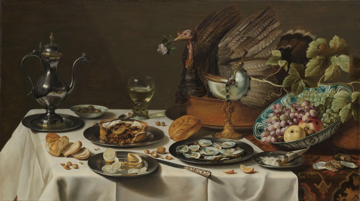 Stilleben med en kalkunpai Stilleben med kalkunpai av Pieter Claesz