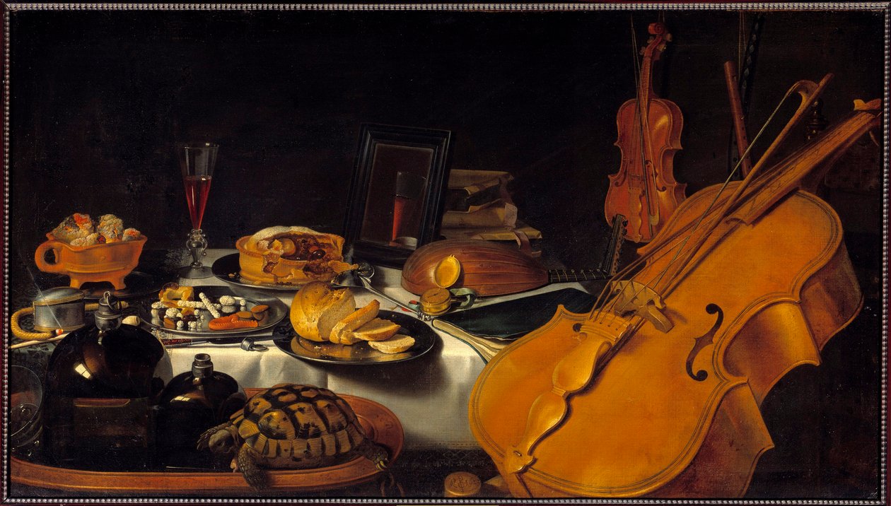 Stilleben med musikkinstrumenter En skilpadde, en pai, et glass vin, brød. Maleri av Pieter Claesz (1597-1661) (ec.holl.) 1623 søn. 0,69x1,22 m av Pieter Claesz