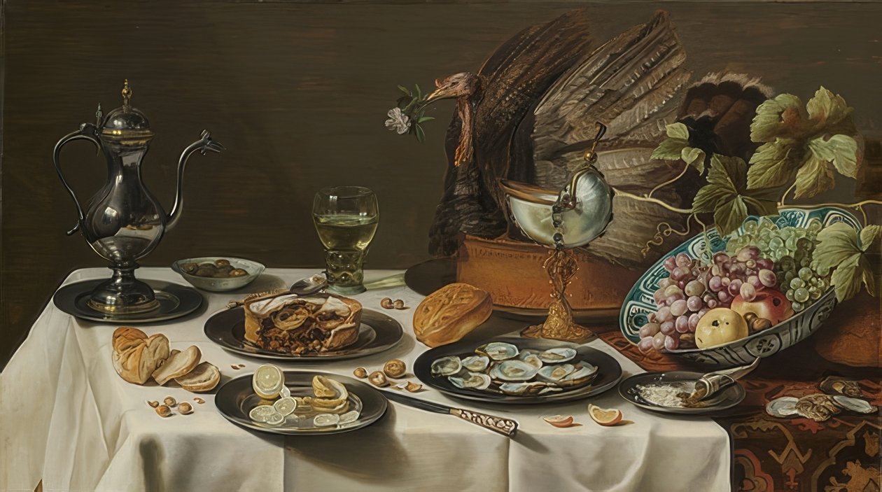 Stilleben med kalkunpai. 1627 av Pieter Claesz