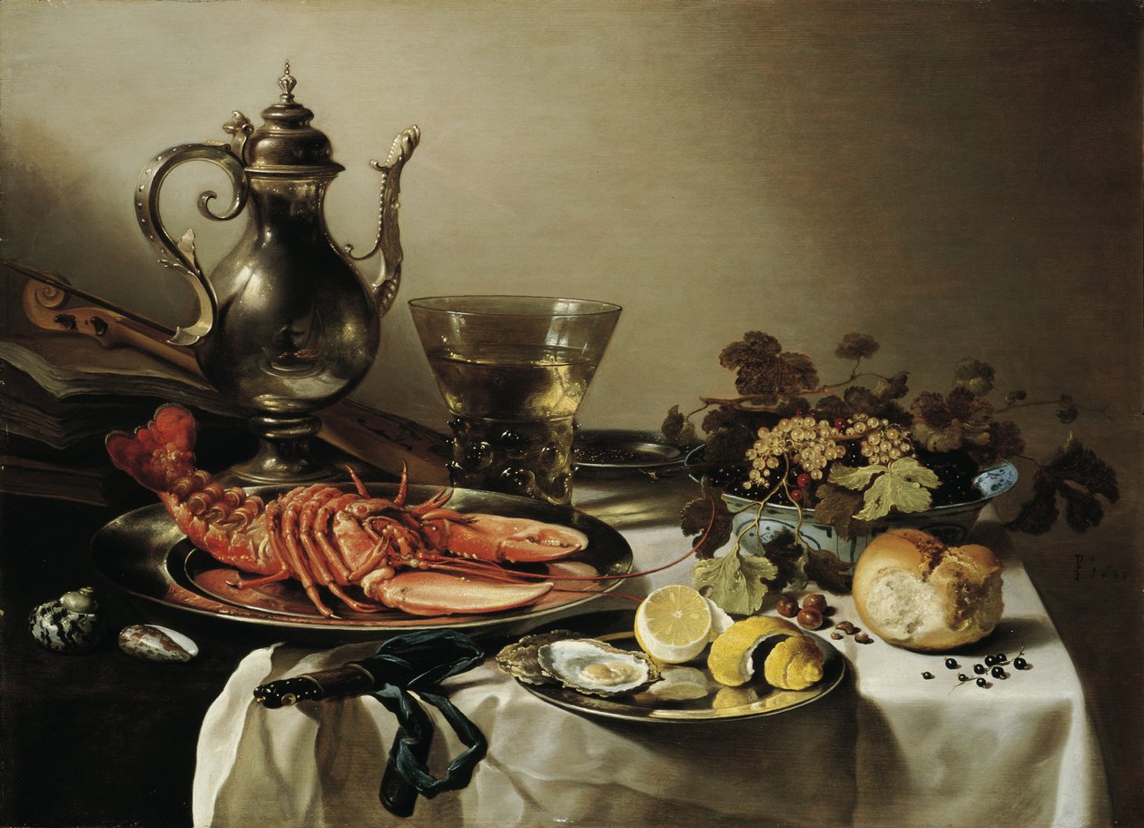 Bord med hummer, sølvmugge, stor Berkemeyer, fruktskål, fiolin og bøker, 1641 av Pieter Claesz